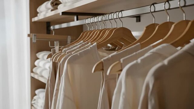 Video of Organized Closet Scene &ndash; Hangers alignment motion, tidy vibe showcasing minimalist home organization, clean lifestyle aesthetics, and modern interior design for storage solutions marketing.