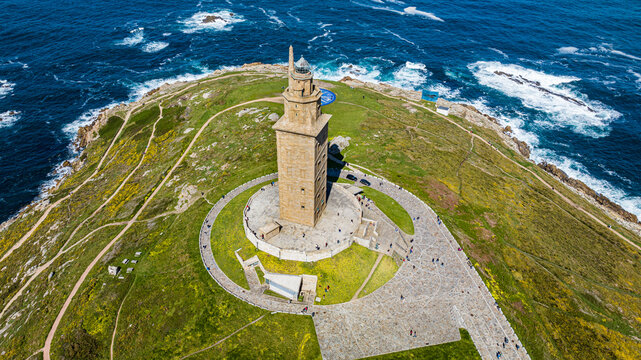 Aerial view of Hercules tower Unesco site on La Coruna coast Spain
