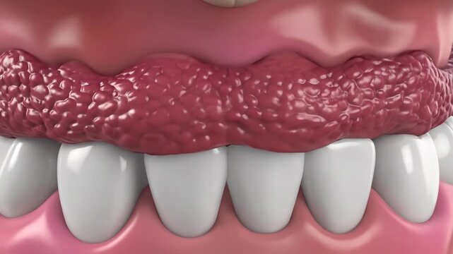 Gingivitis Inflammation 3D Model \'96 red swollen gums visualization rendered in a clean medical 3D environment, close-up cross-sectional view of human teeth and surrounding gum tissue with