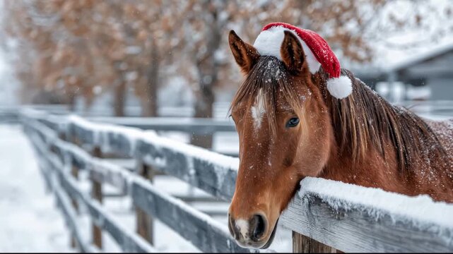 Horse wearing Santa hat on snowy winter farm fence