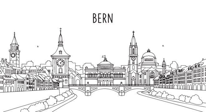 Bern Skyline Line Art Illustration of Historic Swiss Capital