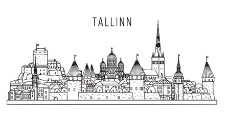 Fototapeta premium Tallinn City Skyline Line Art Illustration of the Historic European Capital Estonia