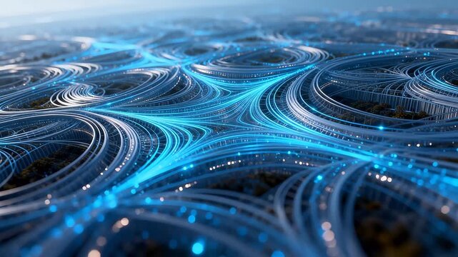 Futuristic ring city with glowing blue lines and digital architecture