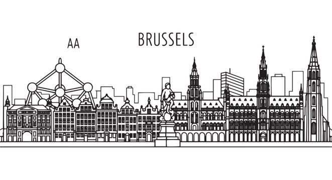 Brussels Skyline Line Art Illustration Featuring Famous Landmarks