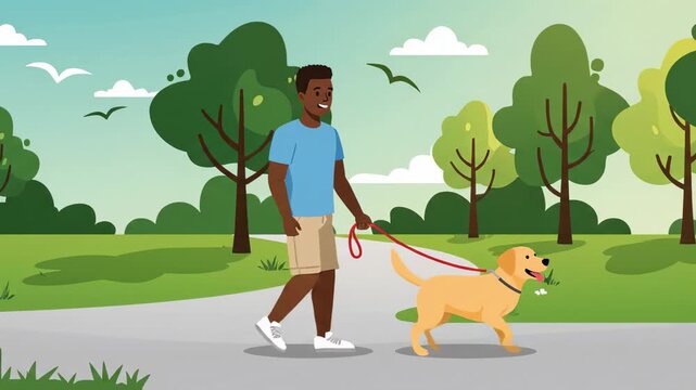 Cartoon animation of african american man walking golden retriever in park on sunny day