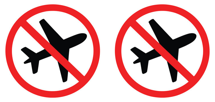 No, fly zone icon set with airplane prohibition symbols, restricted airspace and aviation hazard signs, clean modern flat vector design for airports, flight safety