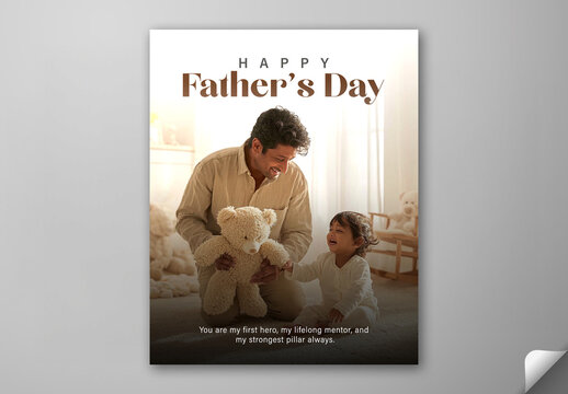 Editable Happy Fathers Day Social Media Post Template Design with Father Playing Baby and Teddy Bear at Home.