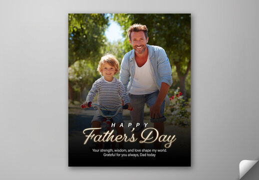 Editable Happy Fathers Day Social Media Post Template Design with Father Teaching Son to Ride Bicycle.