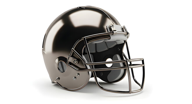 A close-up view of a metallic football helmet