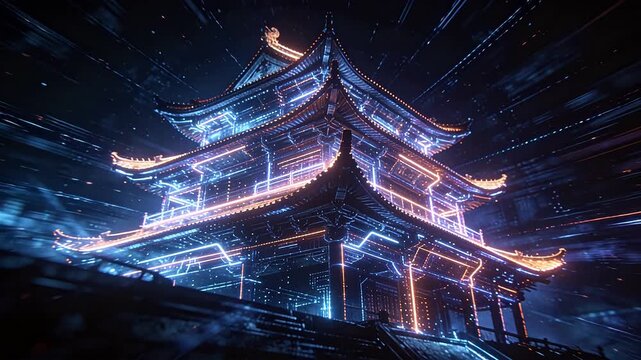Neon illuminated traditional pagoda tower in futuristic night scene