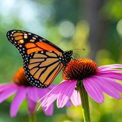 Obraz premium Monarch Butterfly Perched on a Vibrant Purple Coneflower in a Sunny Garden.