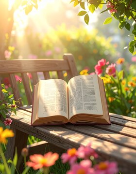 Open Bible on a Wooden Bench in a Sunny Garden with Blooming Flowers.