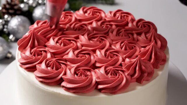 Video of pastry piping art creating intricate cream rosette patterns with festive theme aesthetics, gourmet confectionery presentation for commercial food visuals.