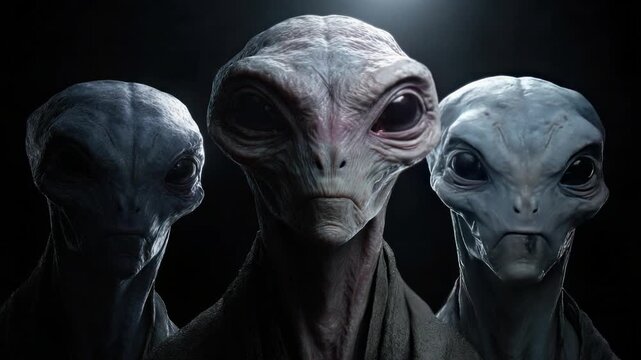 Extraterrestrial Trio: An intriguing portrait of three extraterrestrial beings, with their enigmatic features and gaze, set against a dark, cosmic backdrop.
