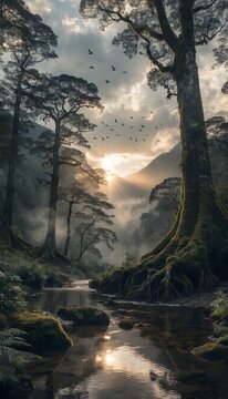 Misty Morning In The Forest With A Stream high resolution photo