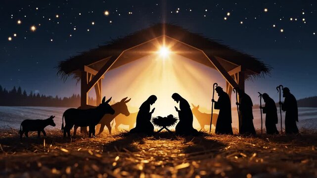Video of Christmas Nativity Silhouette with Warm Ambient Light &ndash; peaceful holiday devotion and seasonal faith concept.