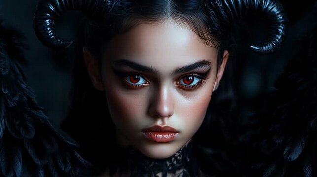 portrait of a young female devil with dark wings, small curved horns, red glowing eyes, dark flowing outfit, mischievous expression, dark background, halloween scary vibe