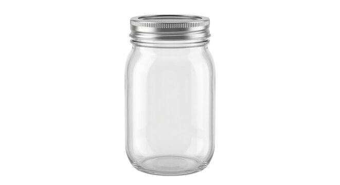 Empty glass mason jar with metal lid on transparent background
