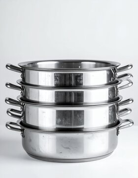 Stack of Four Stainless Steel Pots on a White Background.
