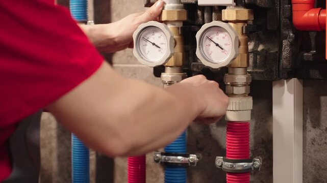 Close Up Plumber Tightening Pipe Connection With Wrench On Heating System In Utility Room. Technician Performing Residential Plumbing Installation And HVAC Maintenance Service Concept.