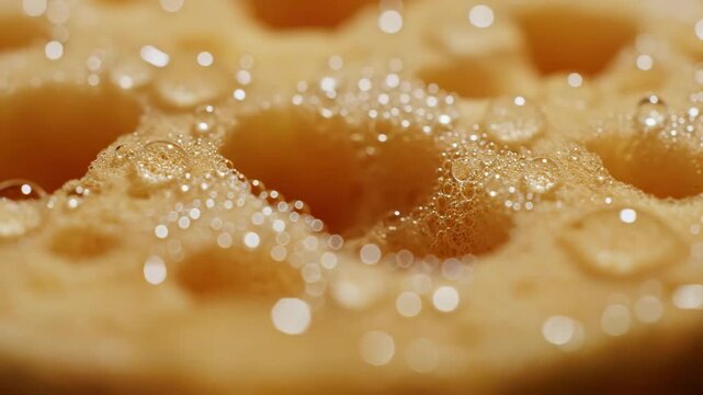 Video of wet sponge macro texture under soft warm light, abstract porous pattern background for hygiene and lifestyle media projects.