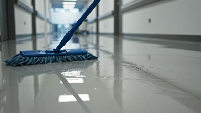 This video features Floor Mop Swipe &ndash; Cleaning movement, reflective surface, showcasing hygiene concept, janitorial service theme and spotless interior maintenance visuals for commercial branding use.