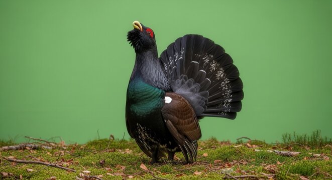 Beautiful Male Western Capercaillie Bird Displaying Fan Tail in Natural Habitat
