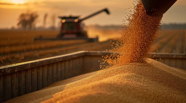 A large machine pours freshly harvested soybeans into a truck. The warm light of golden hour enhances the textured grains and vast field in the background
