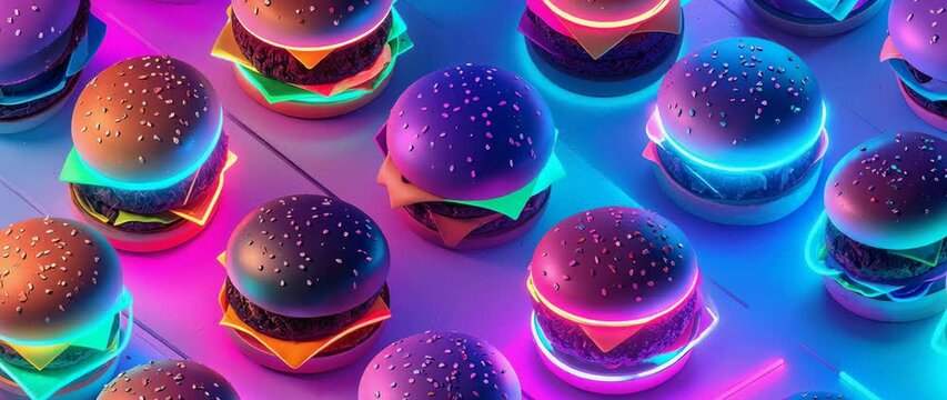 Fast Food Trend Concept Neon Burgers Background Modern Restaurant Menu Food Delivery Service Pattern BRoll.