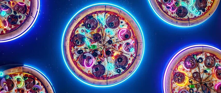Cyberpunk Pizza Concept Neon-Lit Food Pattern Animation For Restaurant Ads Nightclub Visuals And Futuristic Food.
