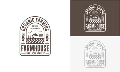 Obraz premium Vintage Organic Farming Farmhouse Logo Design Emblem for Sustainable Local Harvest Agriculture Branding. Rustic Vector Badge for Agro Business Identity