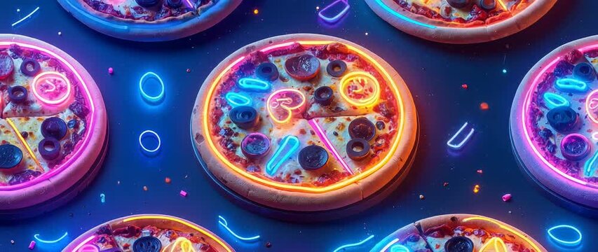 Cyberpunk Food Concept Neon Pizza Background Futuristic Restaurant Menu Party Invitation Pattern BRoll.