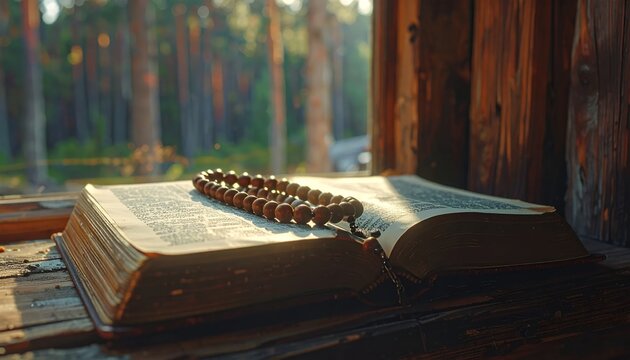 Ancient Book and Prayer Beads on a Wooden Windowsill with Forest View.