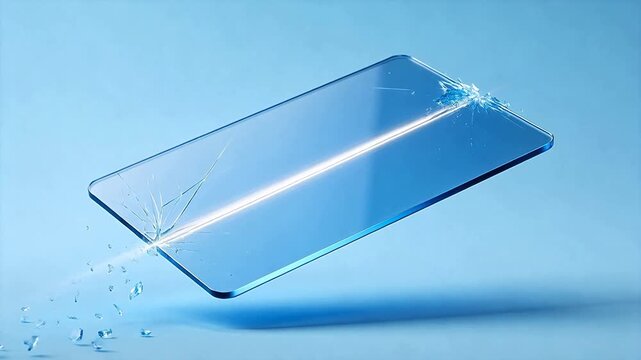 Transparent floating rectangular glass panel with blue glow in futuristic space