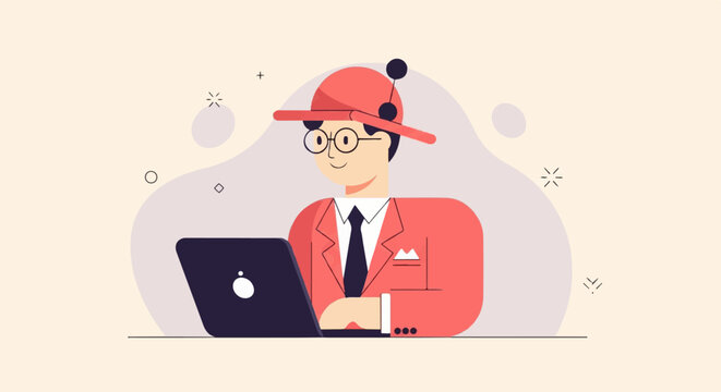 Friendly cartoon person in a suit and hat working on a laptop