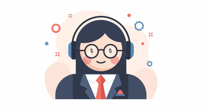 Friendly cartoon person wearing headphones and a suit