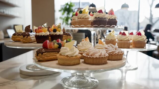 Video of Elegant Dessert Showcase with assorted pastries arranged in a modern caf&eacute; setting under bright natural light, highlighting premium baking, patisserie craftsmanship and indulgent treats for