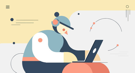 Fototapeta premium Geometric illustration of a person with headphones using a laptop