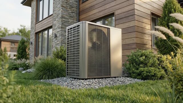 Air conditioner and heat pump unit outside a modern house. HVAC system for home climate control and cooling. Residential energy efficiency concept