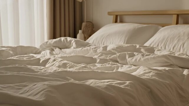 This video presents tidy bedroom scene with crisp sheets being spread in gentle daylight, emphasizing domestic routine, comfort concept and contemporary home decor visuals.
