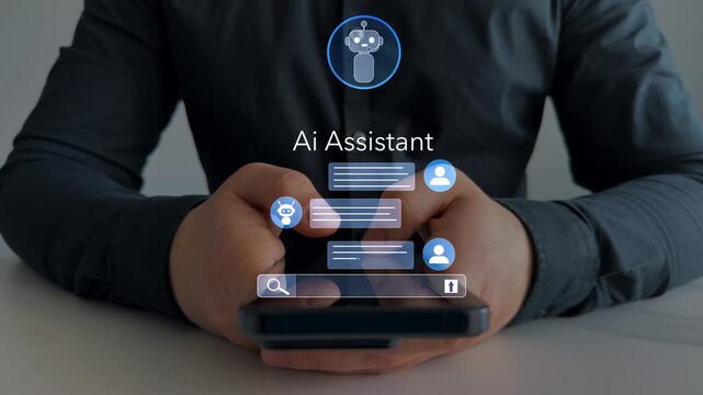 Online support Chatbot conversation. Ai assistant support chat.	Virtual assistant, artificial intelligence bot software automation technology.Customer person using chat service to get support.
