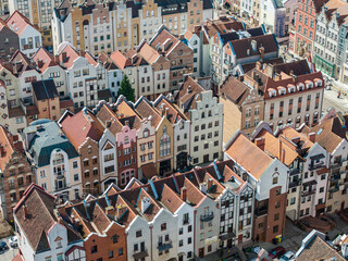 Close-up aerial view of traditional gabled buildings in Elbląg Old Town