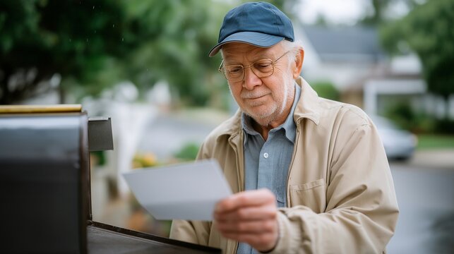 Elderly man checking empty mailbox on rain-soaked suburban street, disappointed expression seeking pension check in gray weather, ideal for retirement income financial worry senior security