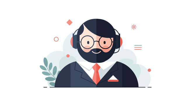 Friendly bearded man in a suit and headset, representing service