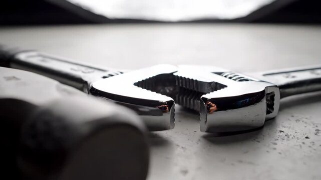 Professional Workshop Tool Arrangement in minimalist studio environment, hammer and wrench positioned with geometric precision on smooth concrete surface, overhead softbox lighting creating clean