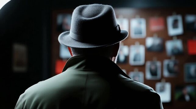 Male detective wearing trench coat, standing before a board with pinned photographs, sticky notes, and red strings connecting clues	
