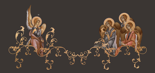 Obraz premium Ornate Byzantine border with holy angelic figures