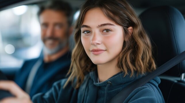 Teenage girl gripping steering wheel white-knuckled in parking lot while father gestures calmly from passenger seat during first parallel parking attempt, perfect for driving school, parent