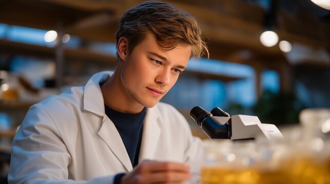 Marine biologist examines coral bleaching samples under fluorescent microscope in wet lab, water droplets on stainless steel surfaces, specimen jars lined on shelves, ideal for ocean research,