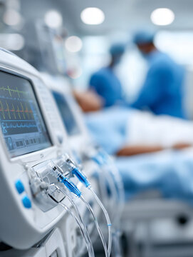 Modern hospital patient monitor displaying vital signs in an intensive care unit with medical staff in the background.